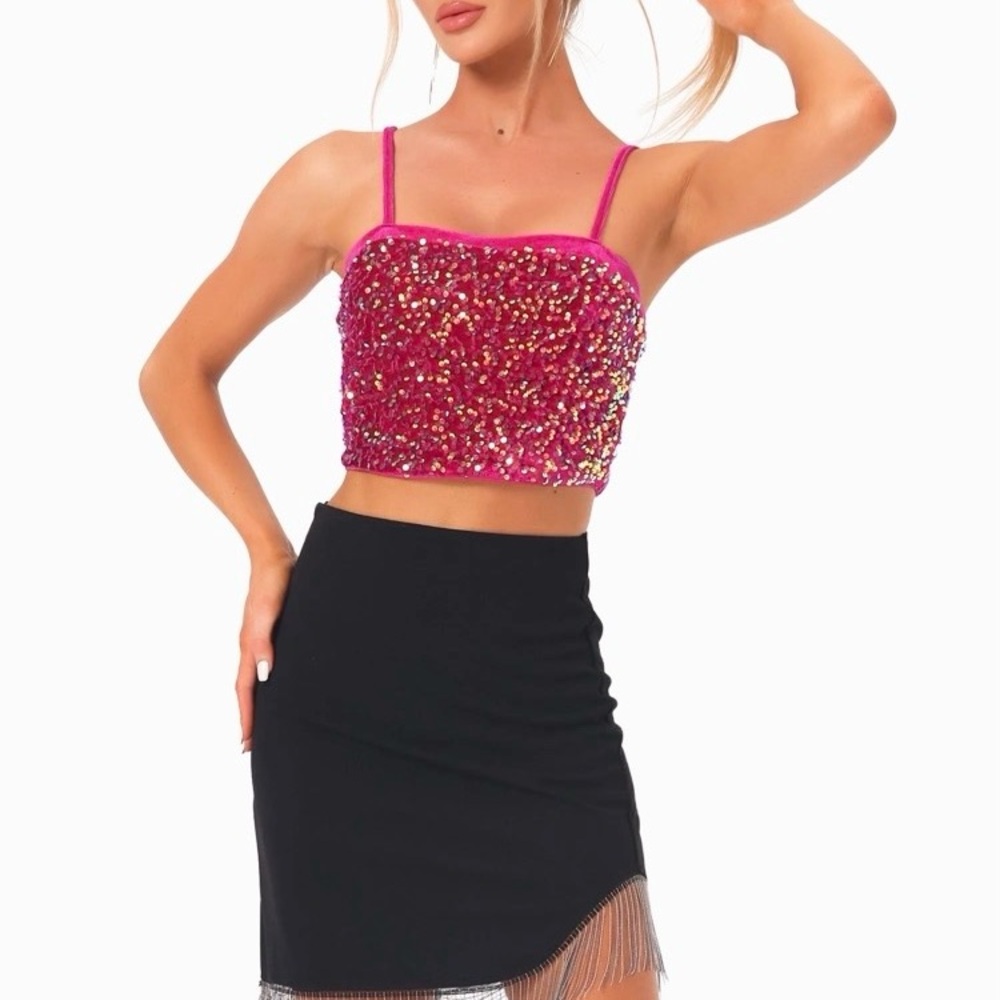 Allegra K Sequined Velvet Spaghetti Strap Club Party Cropped Cami Top, Hot Pink